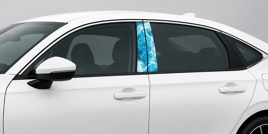 Blue Current pillar kit installed on a white sedan.