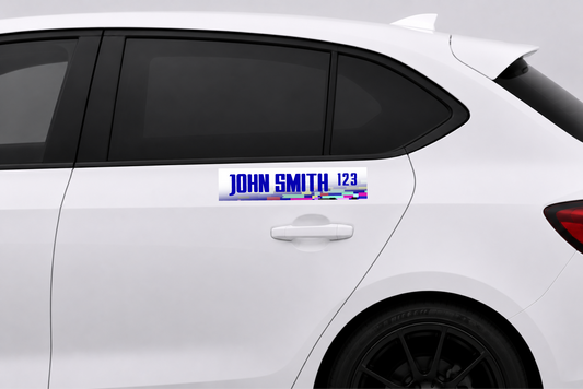 HD Livery Lab Glitch Shift name plate shown on a white hatchback.