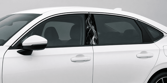 Phantom Flow pillar kit installed on a white sedan.