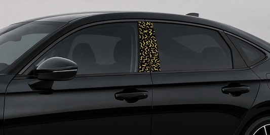 Rewind Riot pillar kit installed on a black sedan.