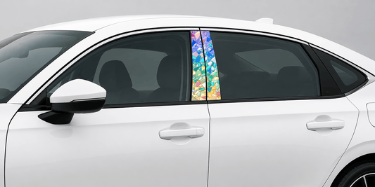 Prismatic Bloom pillar kit installed on a white sedan.
