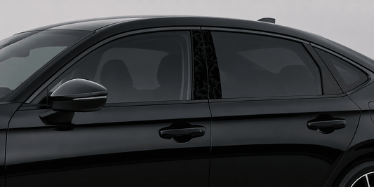 Shadow Bloom pillar kit installed on a black sedan.