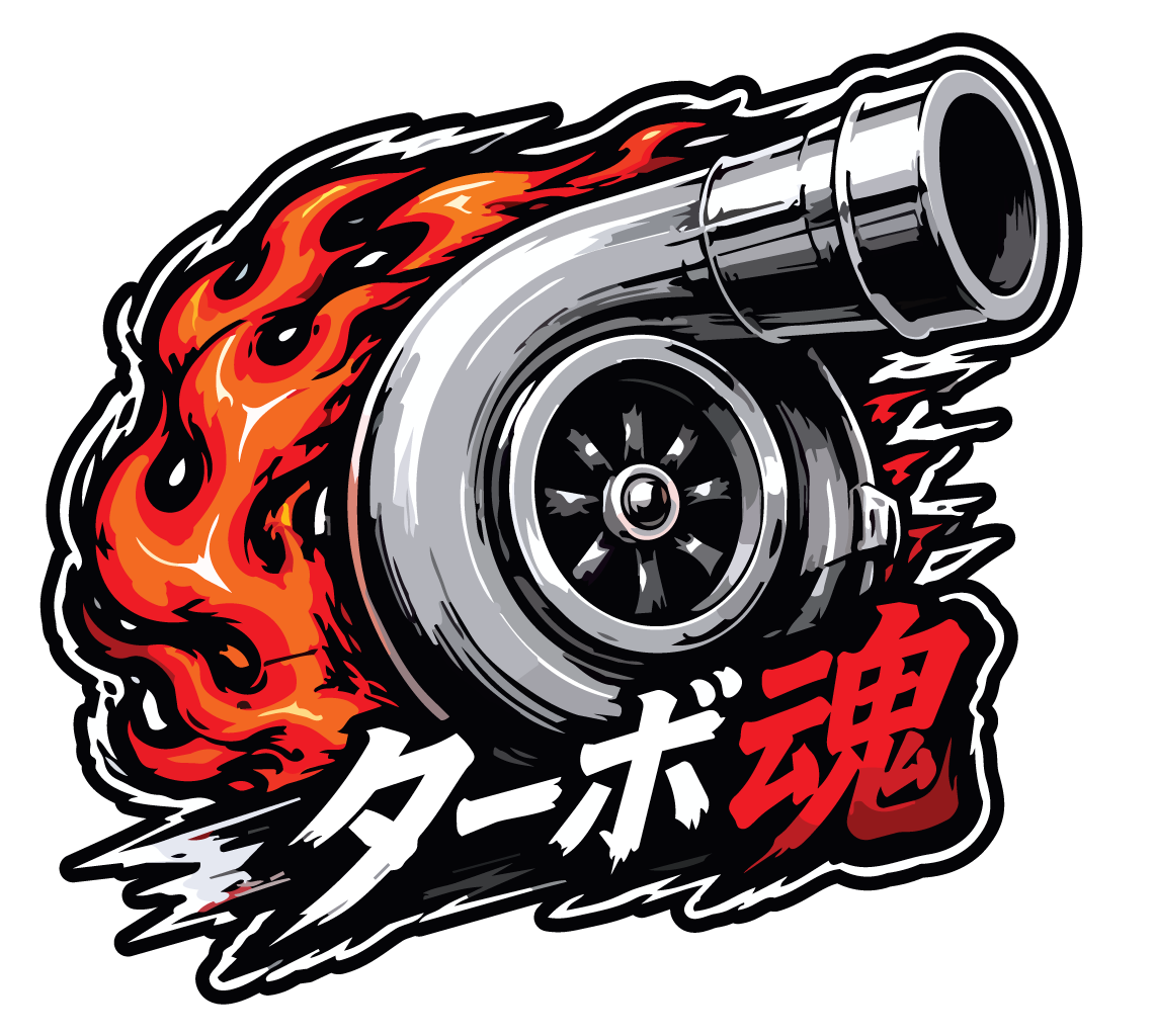 Turbo Spirit vinyl decal featuring a flaming turbocharger and Japanese-inspired automotive artwork.